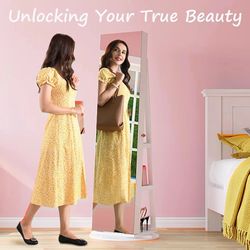 Full Length Mirror with Storage, 61" Mirror Jewelry Cabinet Standing, Rotating Jewelry Mirror Organizer Full Length, Lockable Jewelry Armoires with Ve