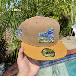 RARE Exclusive Two Tone SOLD OUT White Sox  59fifty New Era Fitted Tan Khaki Wheat Brown Hat with Blue Teal UV  •SOLD OUT EXCLUSIVE LIMITED RELEASE  •
