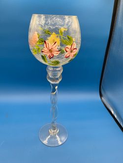 Clear crackle glass hand-painted floral goblet