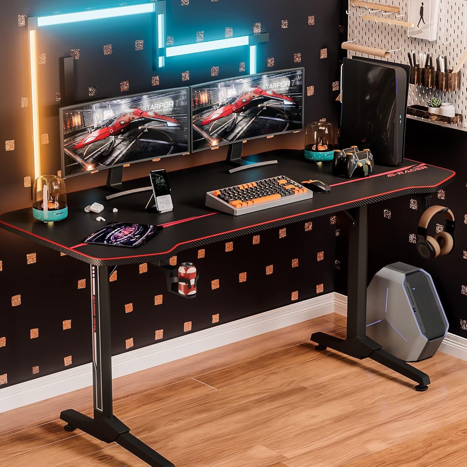 New Gaming Desk 55 Inch Computer Desk Racing Style Office Table Gamer Pc Workstation T-Shaped Game Station with Free Mouse Pad, Gaming Handle Rack, Cu