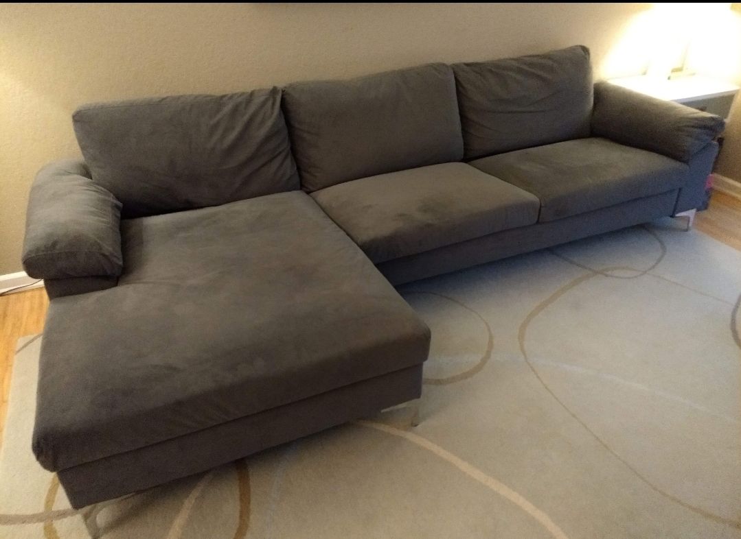 Must Sell! Velvet Grey Chaise Couch Sofa Sectional