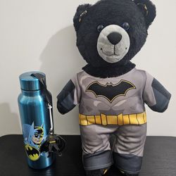 Build-A-Bear Batman teddy bear and Batman stainless steel water bottle