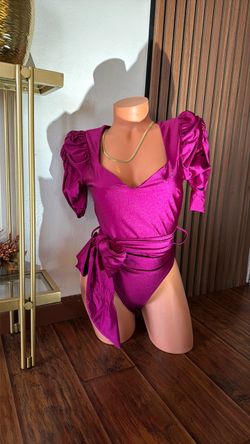 Large Magenta Satin Puff Sleeve Bodysuit with Wrap Belt