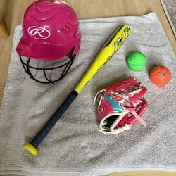Girls Teeball Bat Gloves Helmet Set - $20 
