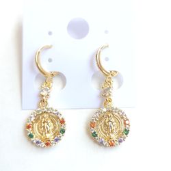Multi-color Gold Plated Oro Laminado Virgen De Guadalupe Earring