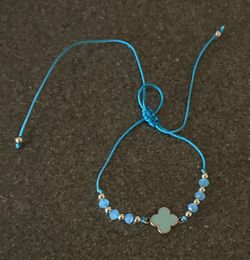 Blue/Silver Adjustable Cord Beaded Bracelet Clover Dangle Charm Slide Closure
