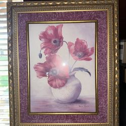 Framed Floral Wall Art – Gold Ornate Frame – Elegant Pink Poppy Artwork (24” × 19.5”)