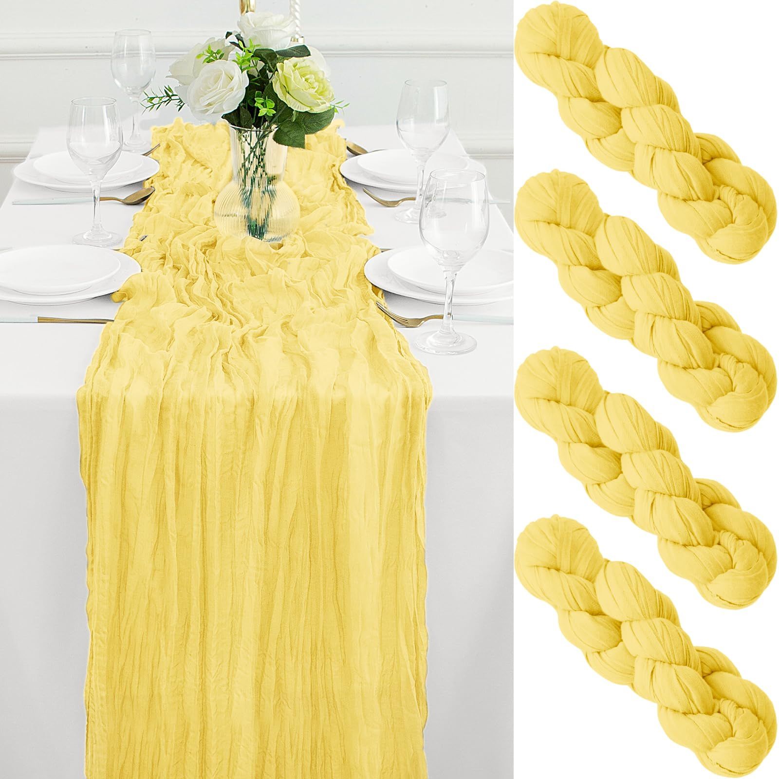 4 Pack Light Yellow Cheesecloth Runner 10FT Gauze Cheese Cloth Table Runner 35x120Inch Long Boho Spring Easter Table Runners Rustic Sheer Table R