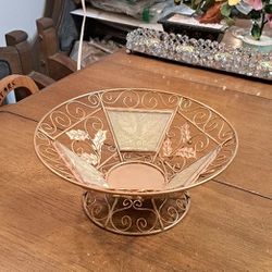 Gorgeous Gold Wire Bowl-Candle Holder Scroll Wire And Faux Stained Glass, Leaf Motif 