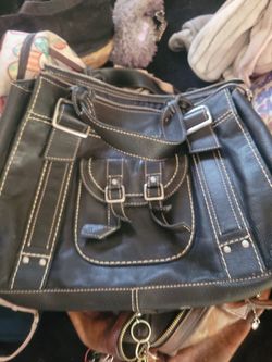 Black Leather Tote Handbag with Contrast Stitching