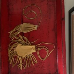 NATIVE ETHNIC SOUTHWEST STYLE LEATHET AMULET POUCHES FRINGE HANDCRAFTED PAIR