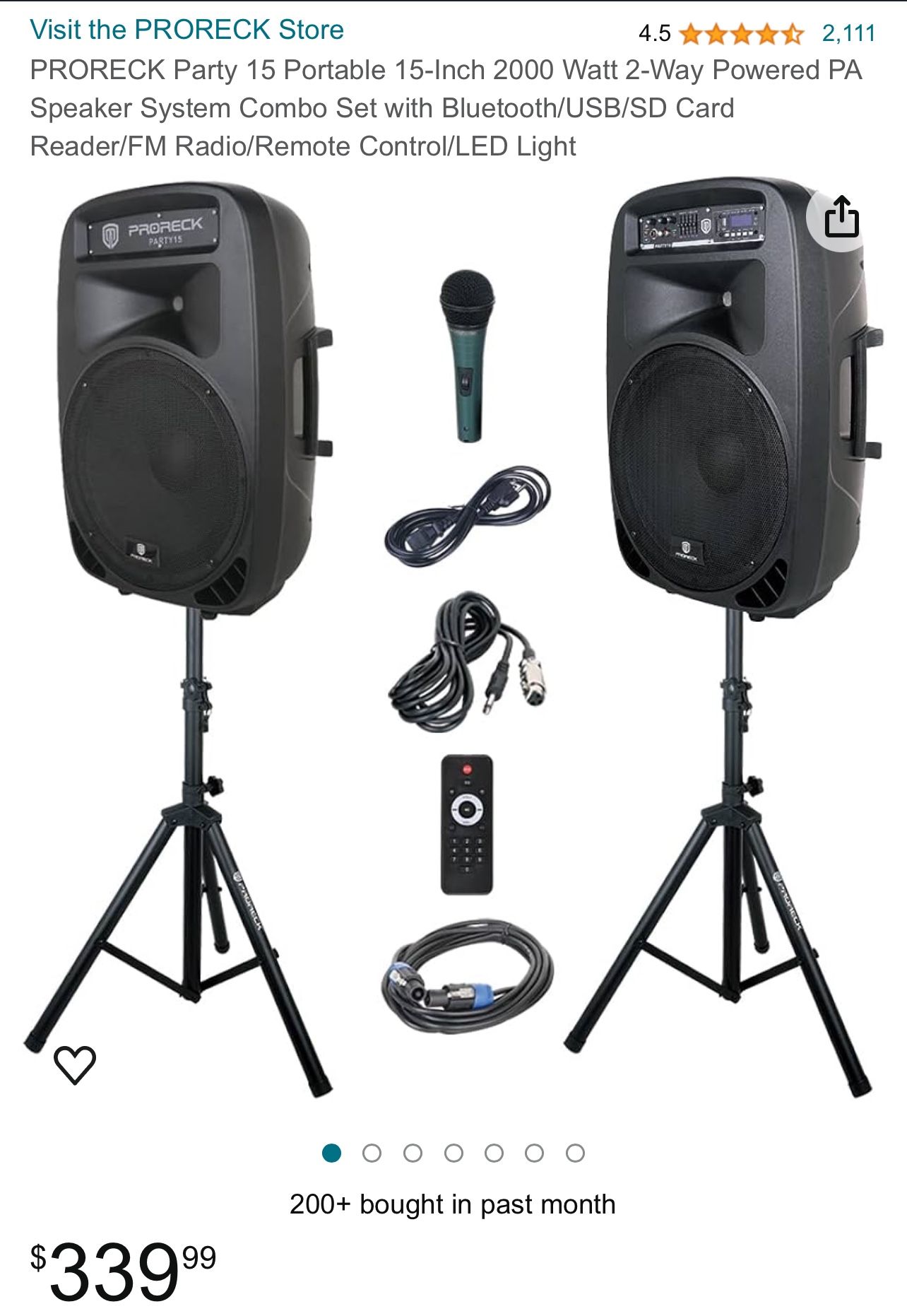 PRORECK Party 15 Portable 15-Inch 2000 Watt 2-Way Powered PA Speaker System Combo Set with Bluetooth/USB/SD Card Reader/FM Radio/Remote Control/LED Li