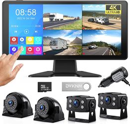4K Backup Camera System 10.36" Quad Split Touch Screen Monitor 4 1080P HD Rear View Cameras DVR Recording Bluetooth Music USB Video Play IP69 Water