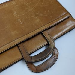 Vintage Tan Leather Briefcase Bag Made in USA Zip Closure Pull Out Handles