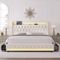 Queen LED Bed Frame with Charging Station and 4 Storage Drawers, Velvet Upholstered Platform Bed with Handcrafted Crystal Button Wingback Headboard, M