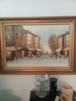 Vintage Framed Oil Painting Paris Street Scene