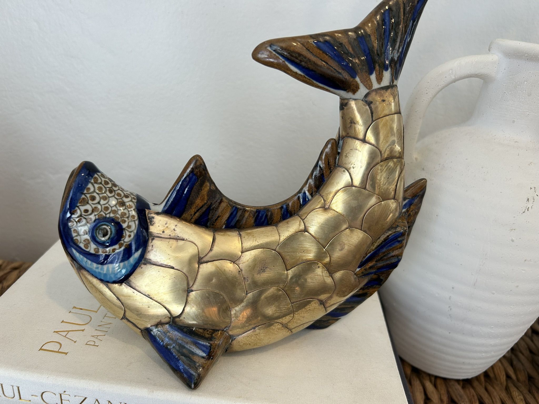 Tonala fish figurine with brass scales, Mexican pottery folk art fish Collectible Sculpture Handpainted Antique Nautical