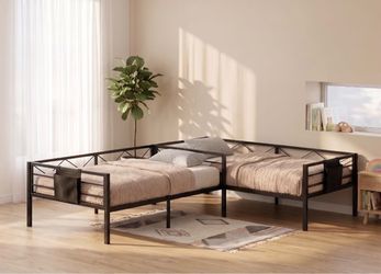 L Shaped Twin Beds for 2, Double Twin Bed with Rails, Black Twin Corner Bed Frame for 2 with Under-Bed Storage, Sturdy Steel Slats, for Bedroom & Smal