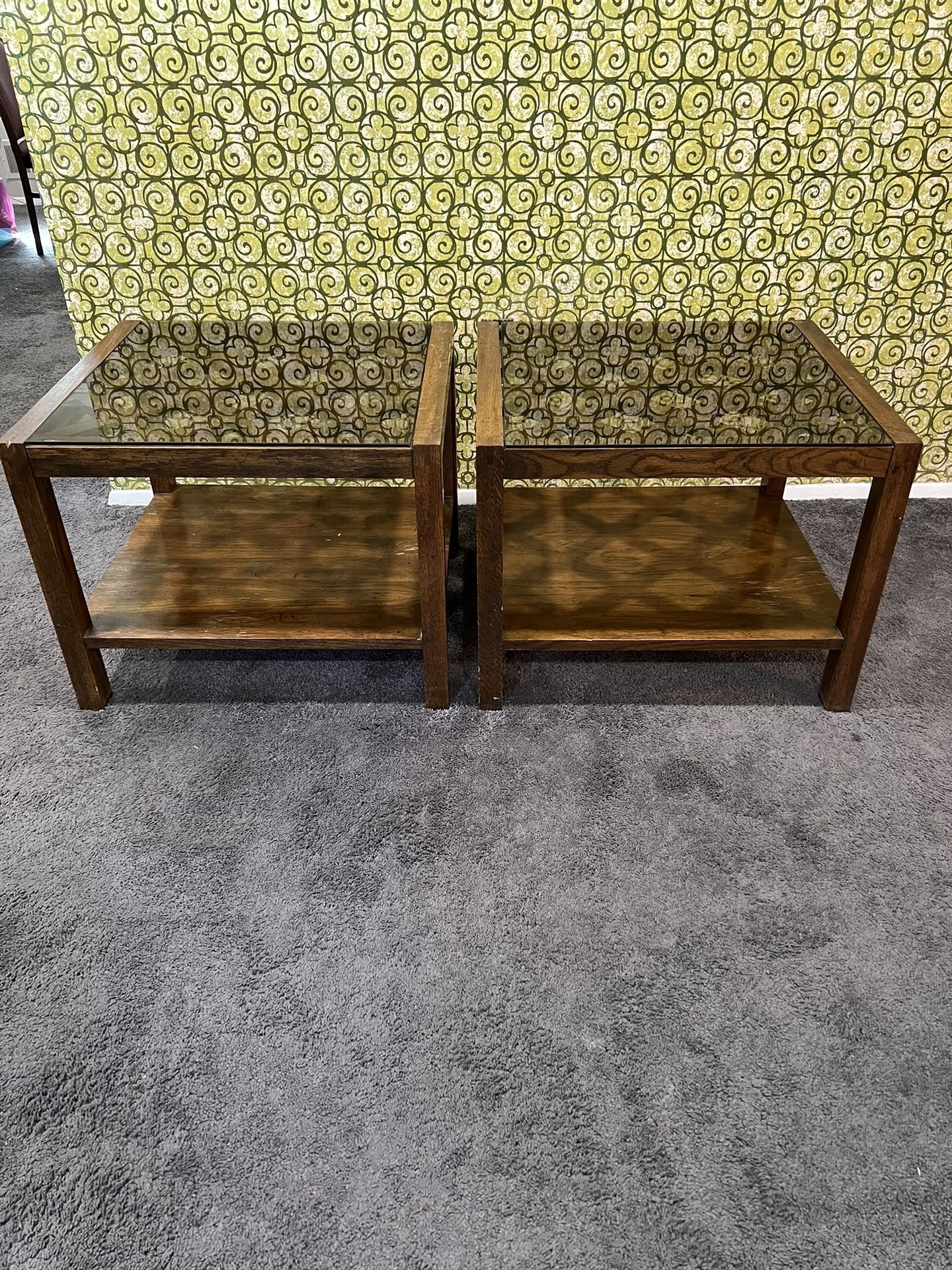 Vintage Glass Top End Table Burled Walnut Finish - A Pair