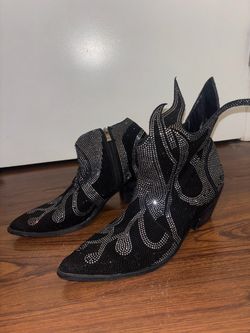 Black Rhinestone Flame Ankle Boots