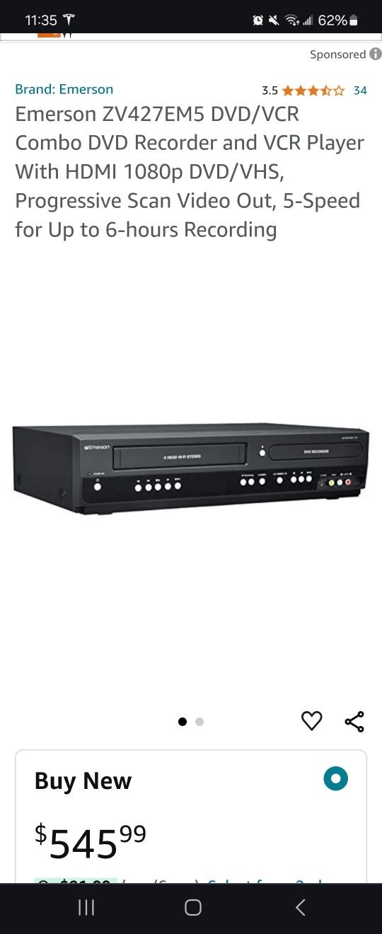 Emerson ZV427EM5 DVD/VCR Combo DVD Recorder and VCR Player With HDMI 1080p DVD/VHS, Progressive Scan Video Out, 5-Speed for Up to 6-hours Recording