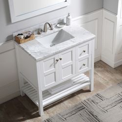 36”white single sink bathroom vanity with carrara white marble stone top