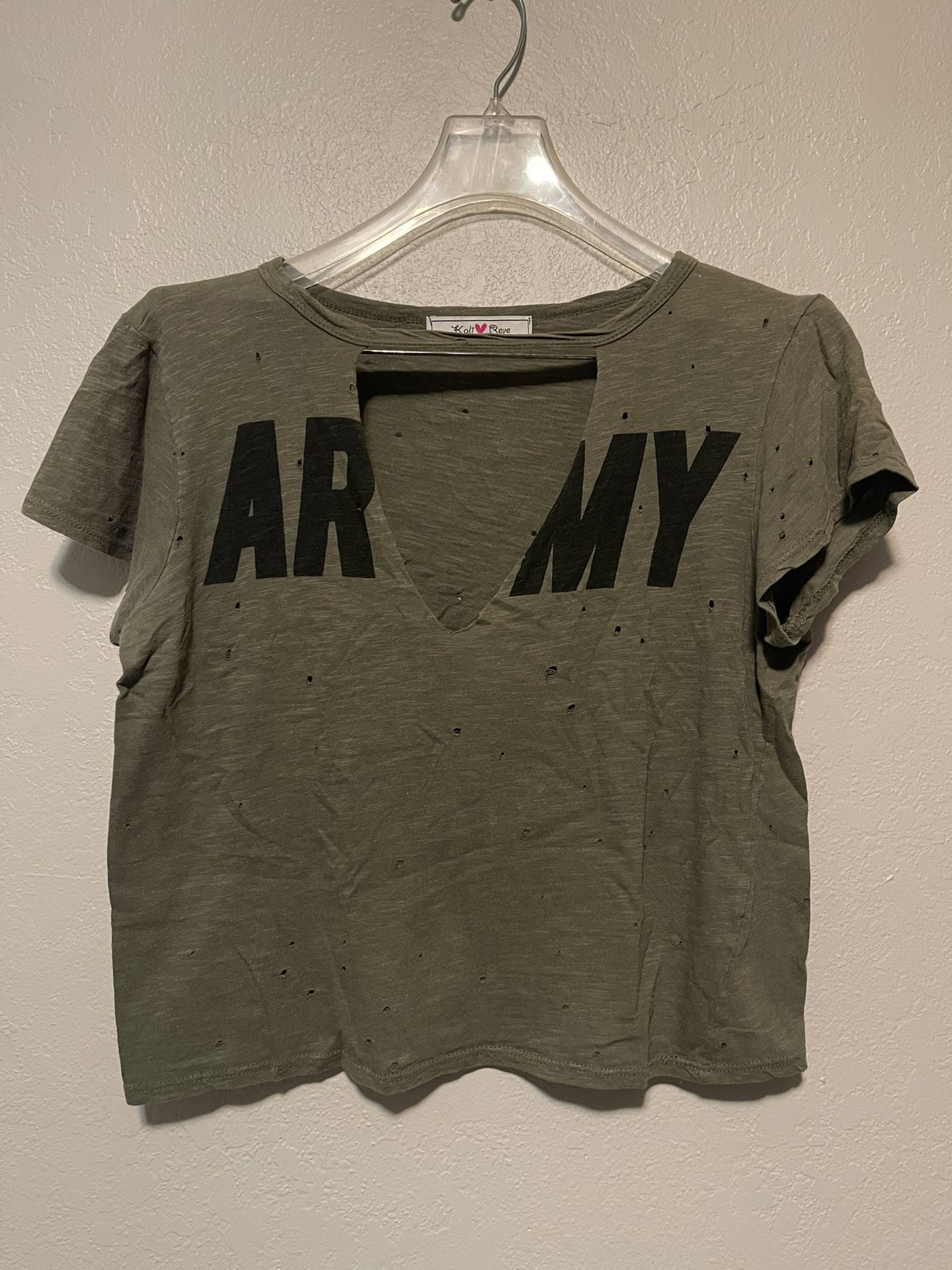 Kali Reve, Women’s Olive Green V Neck Choker Army Crop Top, Size L