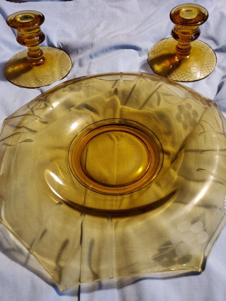 Amber Depression Candleholders and Console Bowl
