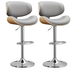 New MCM Set of 2 Adjustable Height Swivel Bar Stools with Gray Pu Leather & Bentwood