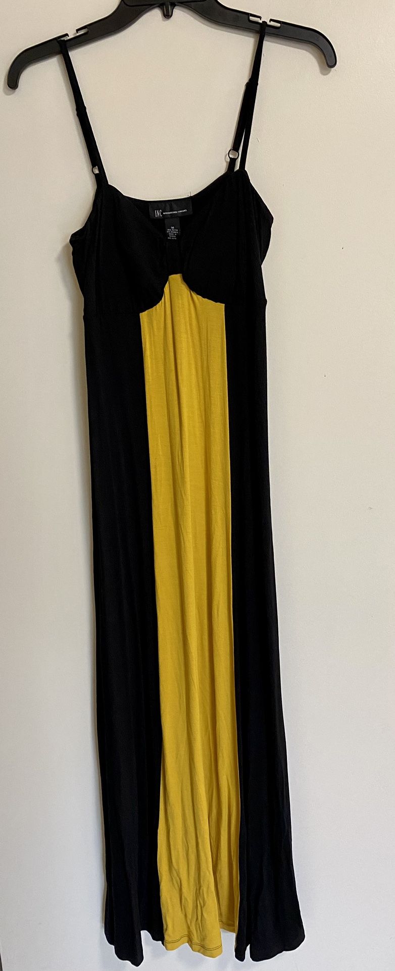 INC long maxi dress Straps Black with yellow center bar 95 rayon, 5 spandex