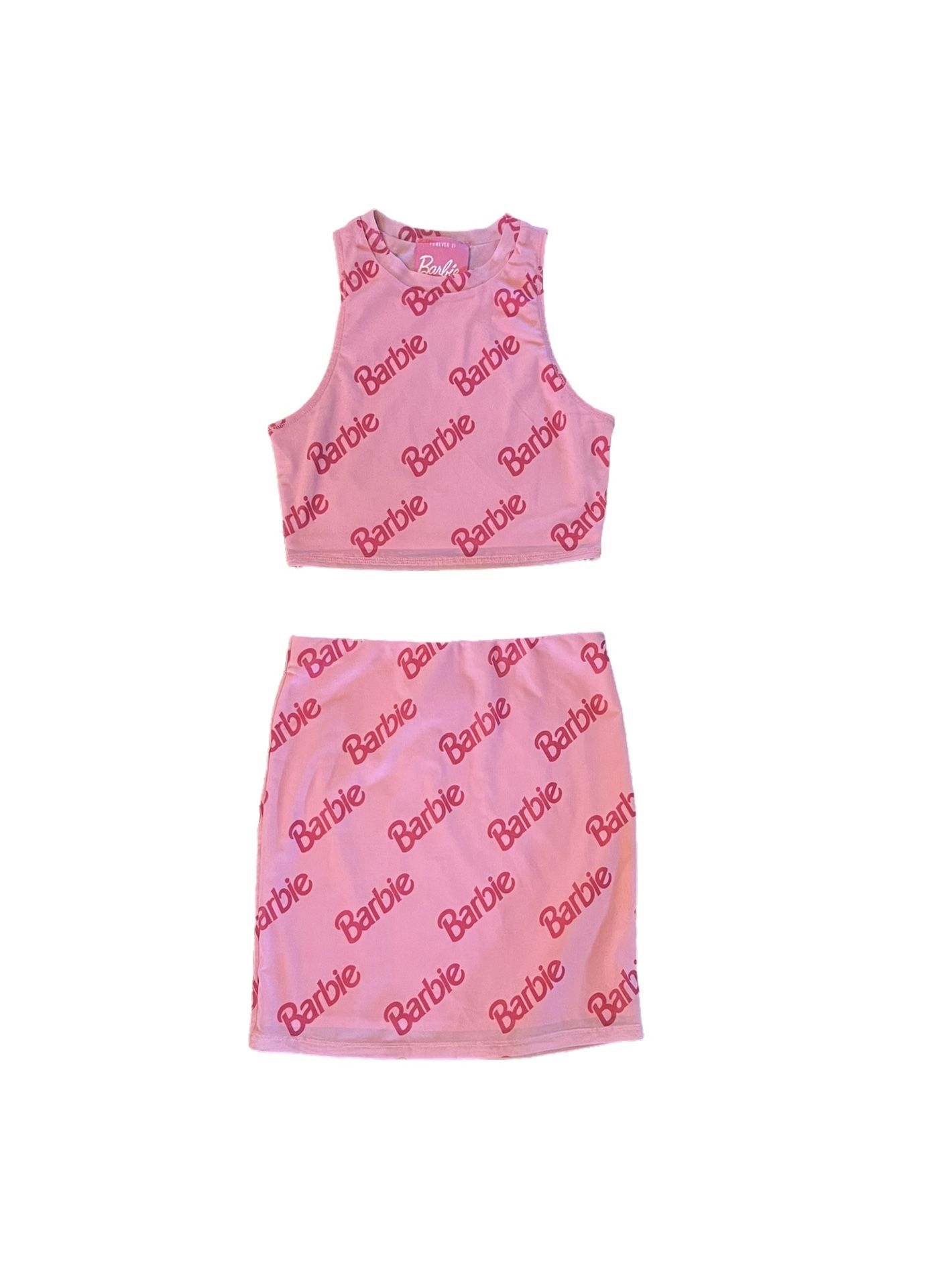 Barbie X Forever 21 Hot Pink Sleeveless Crop Top Mini Skirt Set Size SMALL