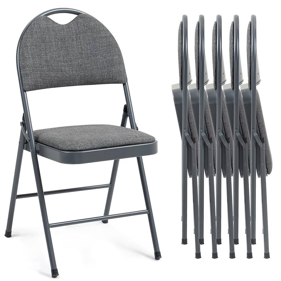1288E Folding Chairs with Cushion Padded Foldable Chair 6 Pack Portable and Assembled Fold Dining Seat for Guests Kitchen Office Wedding Party Grey