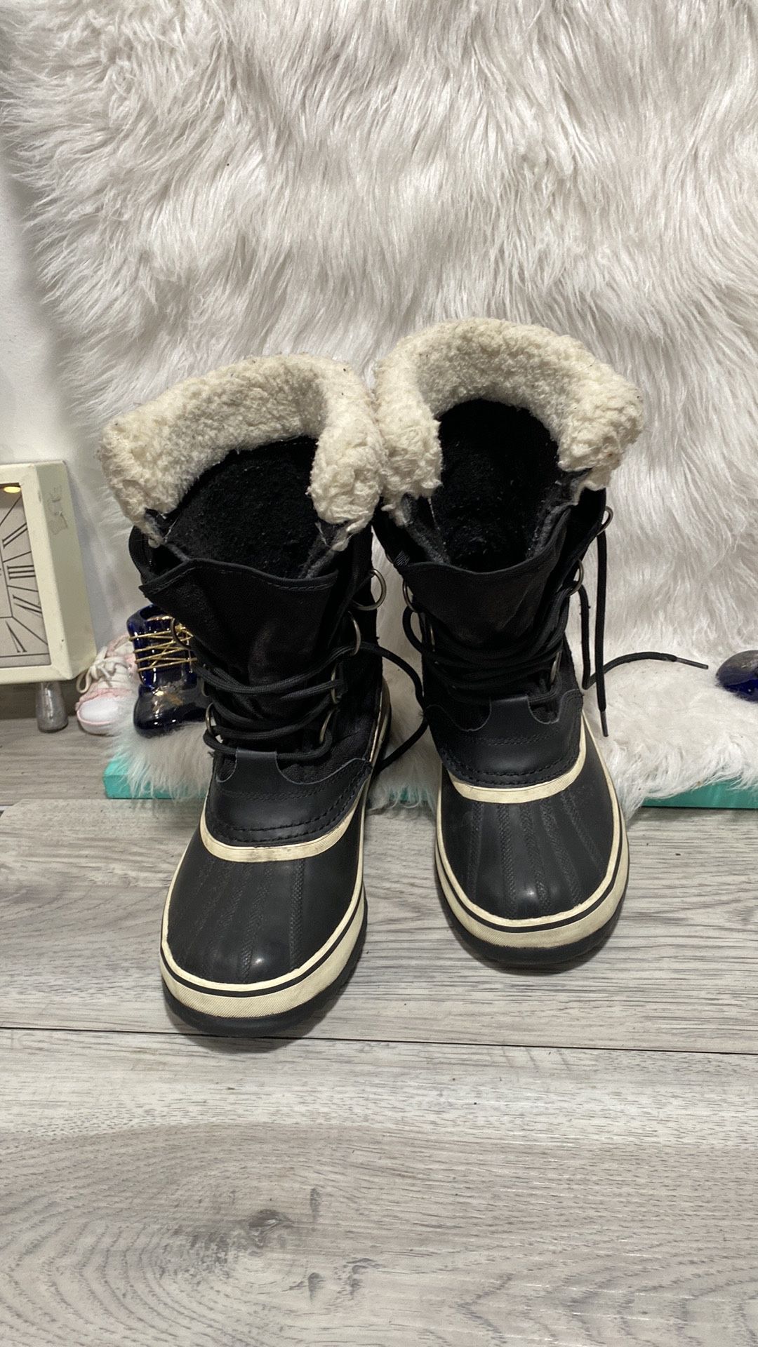 SOREL NL 1495-011 Fur Carnival Boots Black Winter Women Size 6