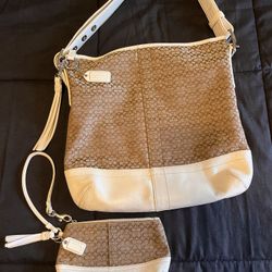 Coach Signature Mini C Handbag With White Leather Bottom And Adjustable Strap And Matching Wristlet