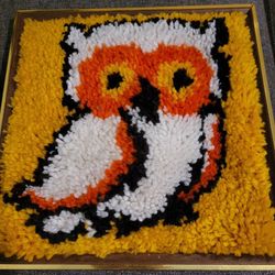 Vintage 1970's Owl Latch Hook Wall Art 14"