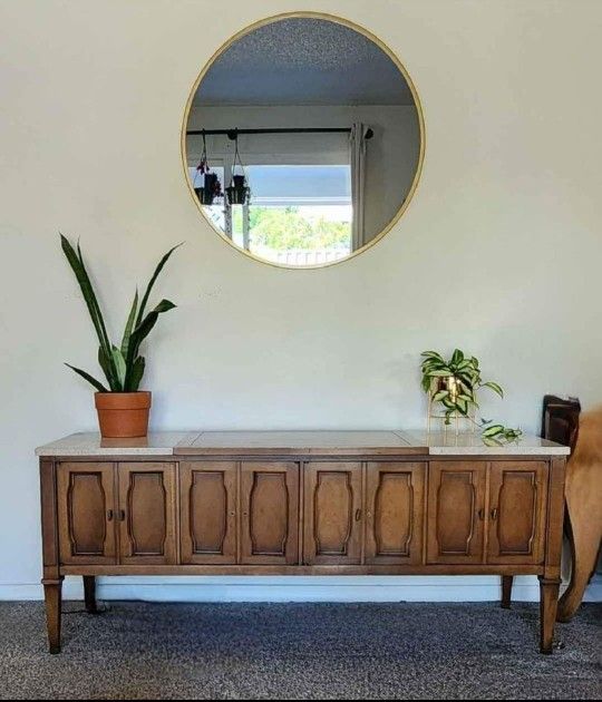 MCM Drexel Triune Mahogony Credenza Sideboard w Travertine Top