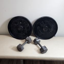 (2) 45lbs Olympic Plates & A Set 20lbs Dumbells 