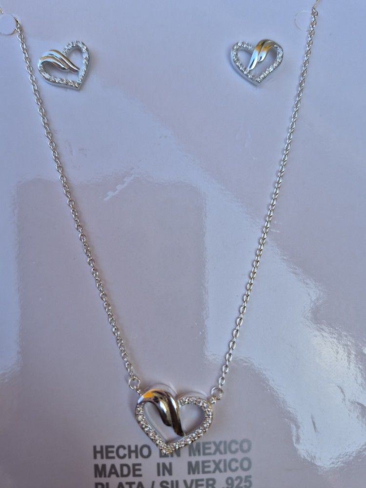 New .925 Sterling Silver HEART Set (Necklace + Earrings)Genuine .925 Sterling Silver