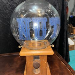Wooden NUTS Peanut Dispenser Glass Globe Candy Machine Jar Vintage