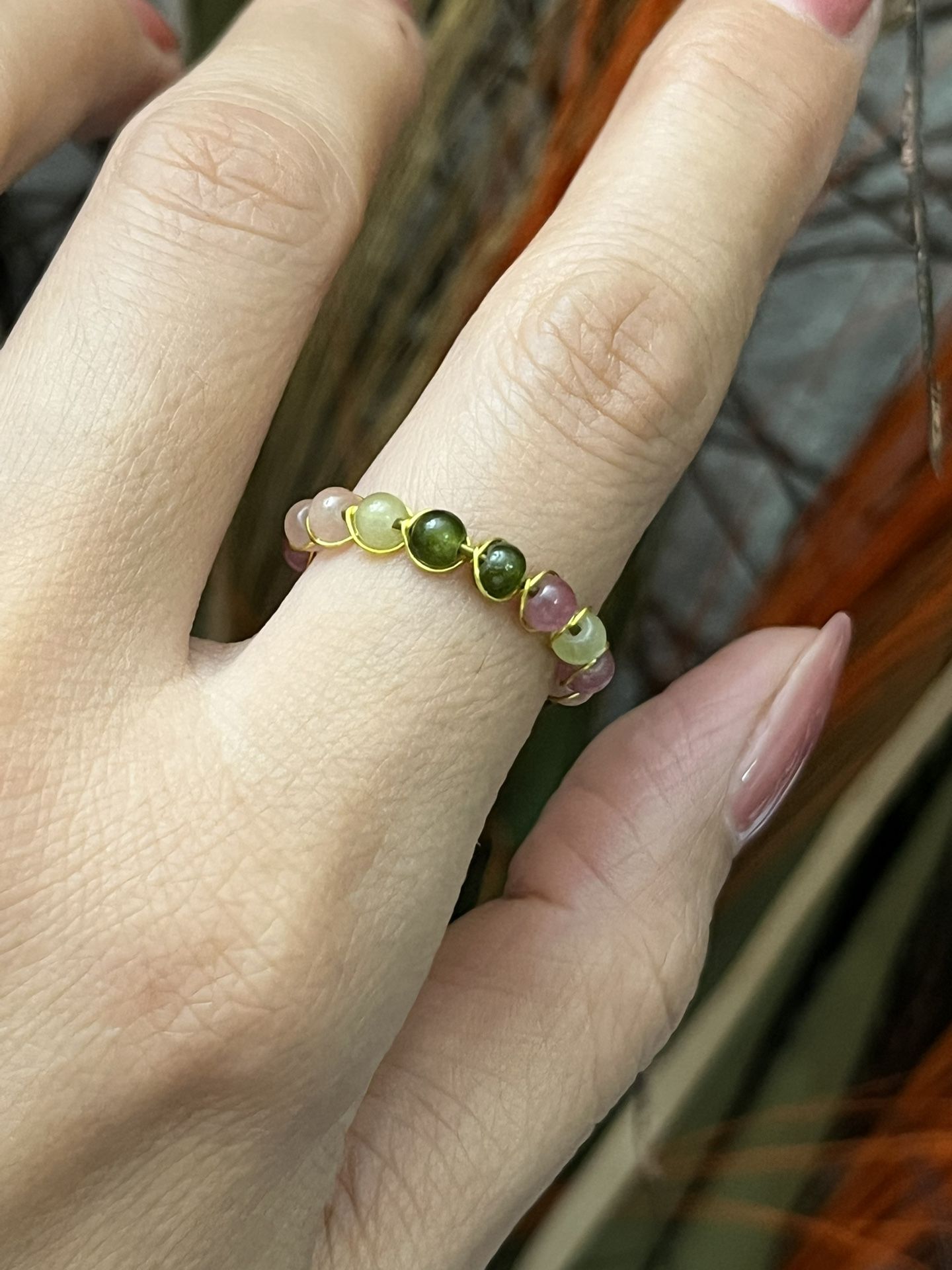 Gold multiple colors jade beads open ring