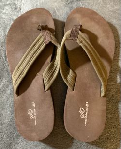 Brown army green flip flops