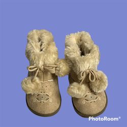 Sugar Too Tan Faux Fur w Pom Poms Velcro Boots Inf Girls 2