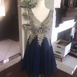 Prom Dress: Navy Blue Dress With Gold Embroidery And Jewels