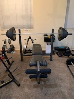 Complete 310 lb Olympic Weight Set, Barbell, Bench, & Plate Tree