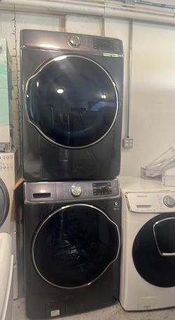 Samsung Front Load Washer & Dryer Set — Black Stainless, Steam, Stackable