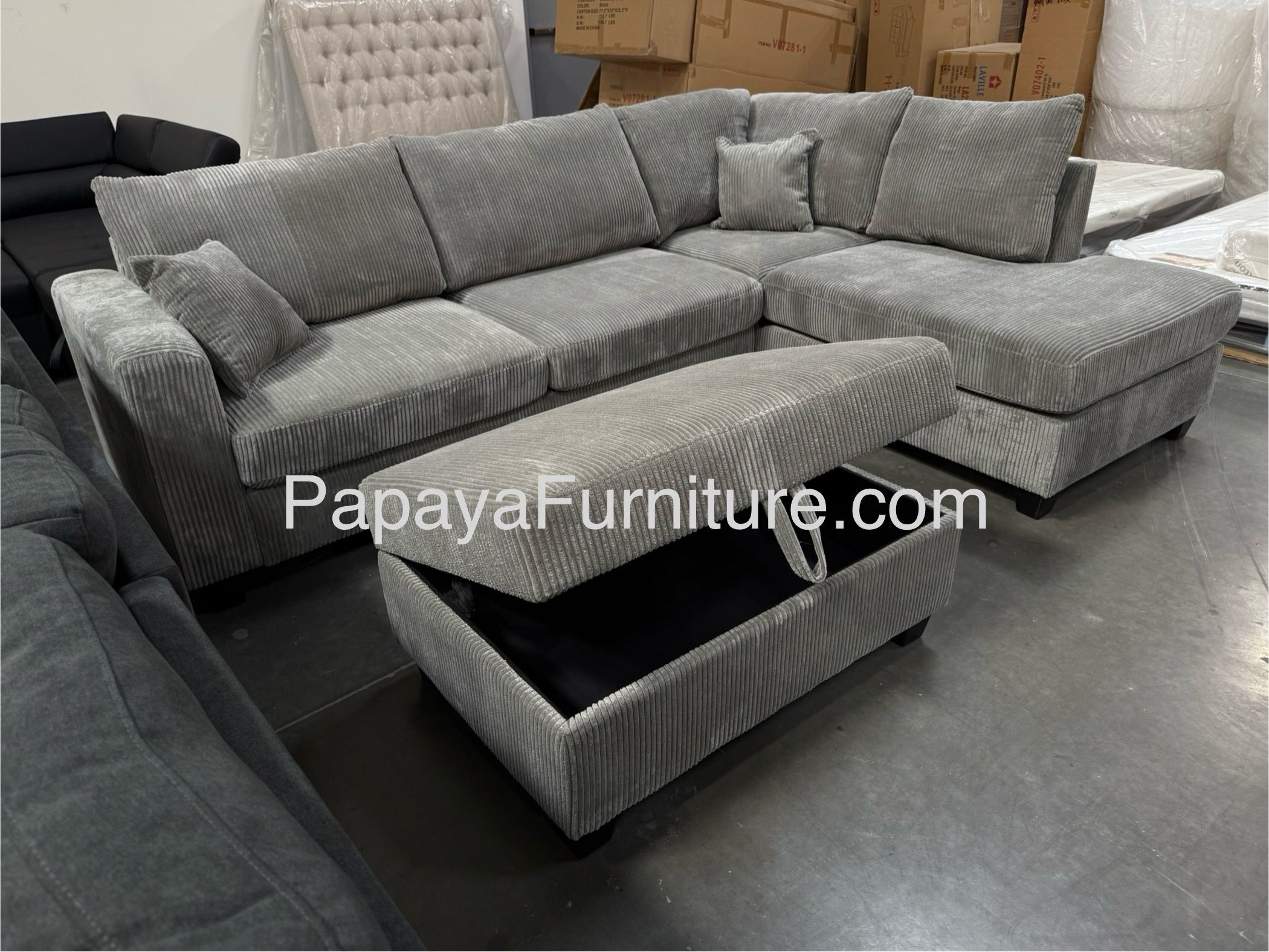 New 106” Plush Sectional Sofa With USB Charger,Cordoroy Couch, Grey Sofa, Grey Sectional, Grey Couch, Light Grey Sofa Couch And Storage Ottoman, Couch