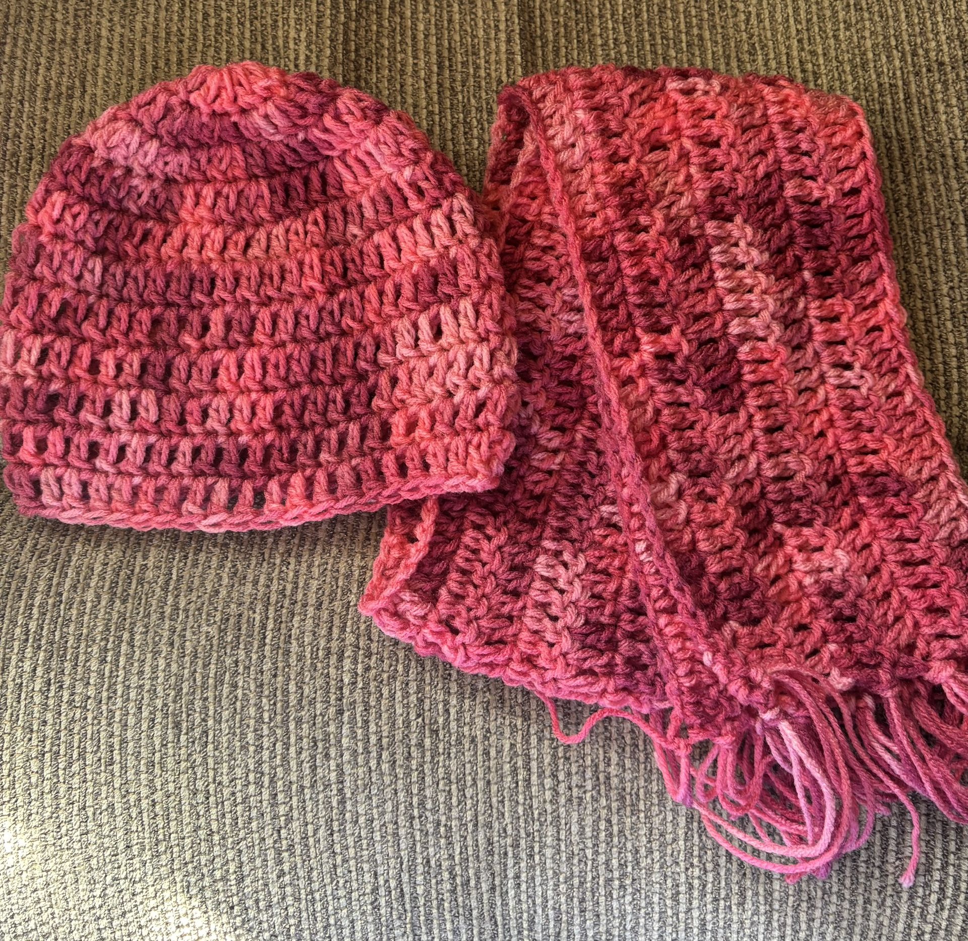 Child's Shades of Pink  Hat and Scarf Set Little Girls 4-8 Years  Hand Crochet