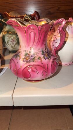 Antique Pink Porcelain Pitcher with Floral Detail