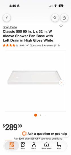 Brand new left side drain shower pan base from Home Depot—never used in box. Classic 500 60 in. L x 32 in. W Alcove Shower Pan Base with Left Drain in