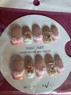 Nails - Cute Pink And White French Tip Flower Bling Nails